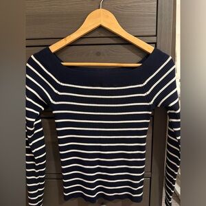 Abercrombie Fitch Striped Navy White Off The Shoulders Sweater Long Sleeve Small